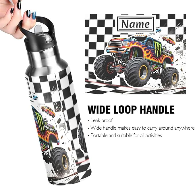 Custom Name Truck Car Checkered Water Bottle with Straw Lid Kids Insulated Stainless Steel Water Flask Sports, 20 Oz Hot Cold