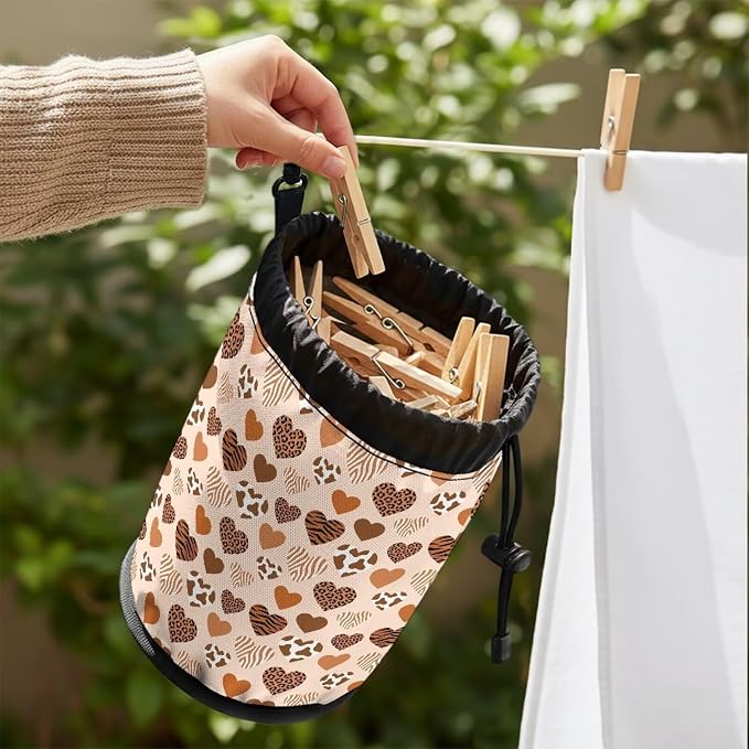 Drawstring Clothespin Pouch, Heart Leopard Print Laundry Peg Bag Organizer with Multi-Hanging Feature, Portable Storage for Clips, Perfect for Drying Rack, Camping & Home