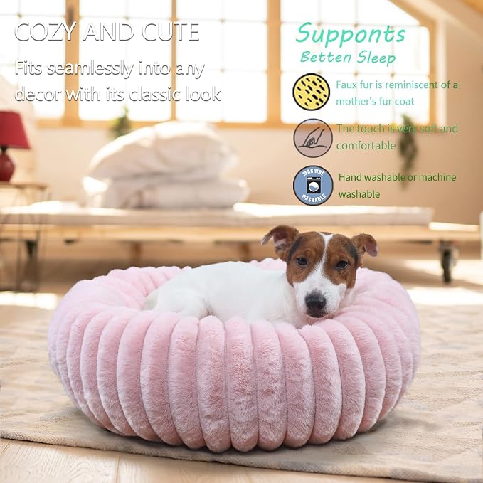 Donut Small Dog Bed Washable Cute Puppy Beds with Corduroy Fleece & Anti Slip Bottom, Round Faux Fur Pet Snuggle Beds for Large Cat, Pink, Small Breed 23x23x5.5 inches