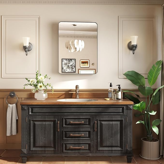 24x32 in Medicine Cabinet with Mirror for Bathroom, Matte Black | Fully Assembled; Recessed or Surface Wall Mount; Metal Cabinet with Tempered Glass Mirror and Two Adjustable Glass Shelves