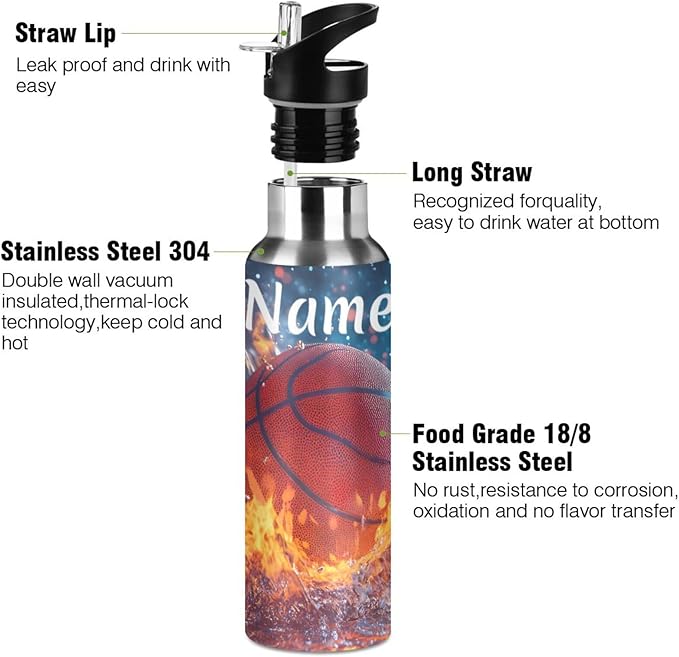 Custom Name Basketball Ball Fire Water Splash Water Bottle with Straw Lid Kids Insulated Stainless Steel Water Flask Sports, 20 Oz Hot Cold