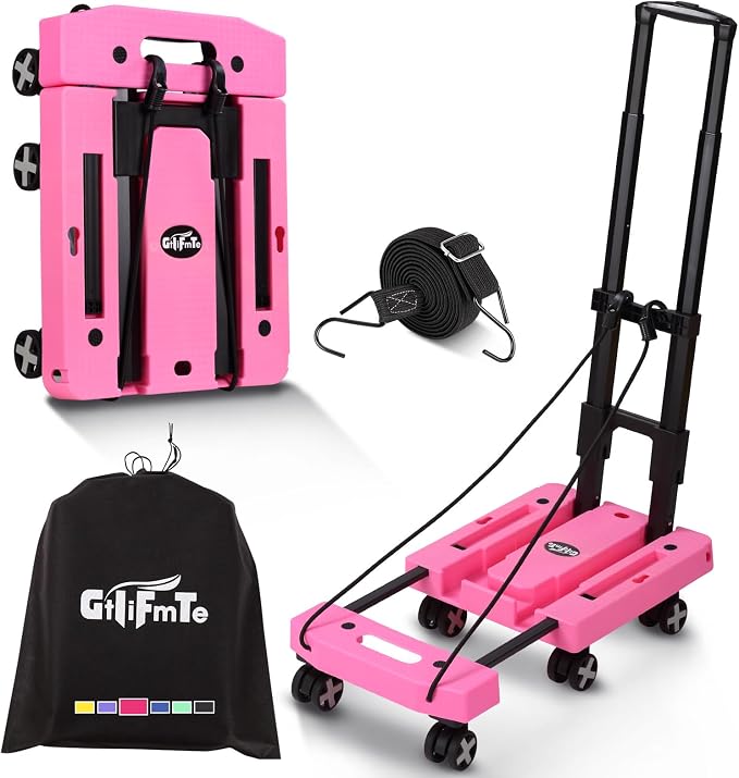 GtIiFmTe Foldable Hand Truck, Lightweight Luggage Cart for Airport Car Seat | Compact Folding dolly with Rotating swivel wheel,storage size12×15.7×4.1",300lbs Load,Upright Lock Handle with 3bungee cords