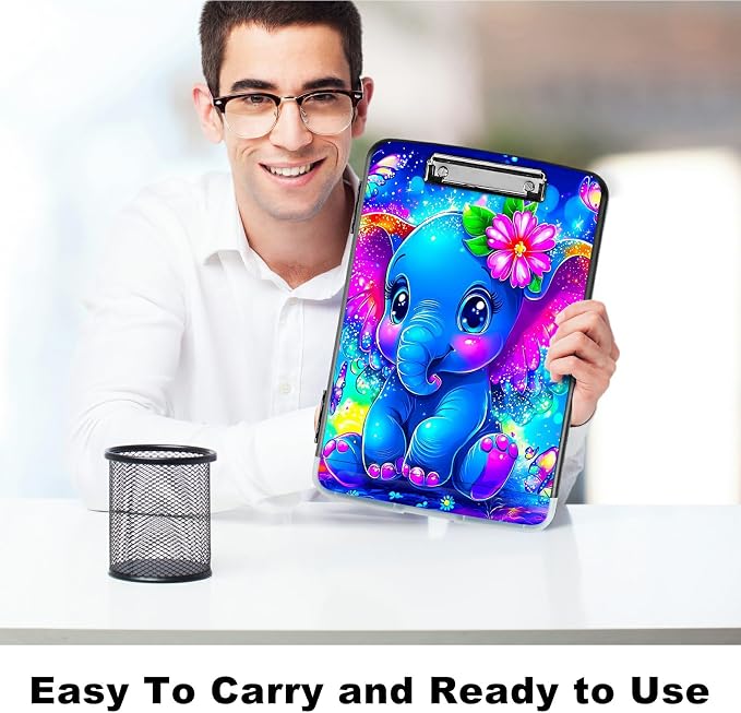 Blue Elephant Flowers A4 Clipboard with Storage Pen Holder, Clipboards Organizer Nursing Clipboard Foldable File Folder Plastic Clipboard Folio Clip Board for Office Students Classroom