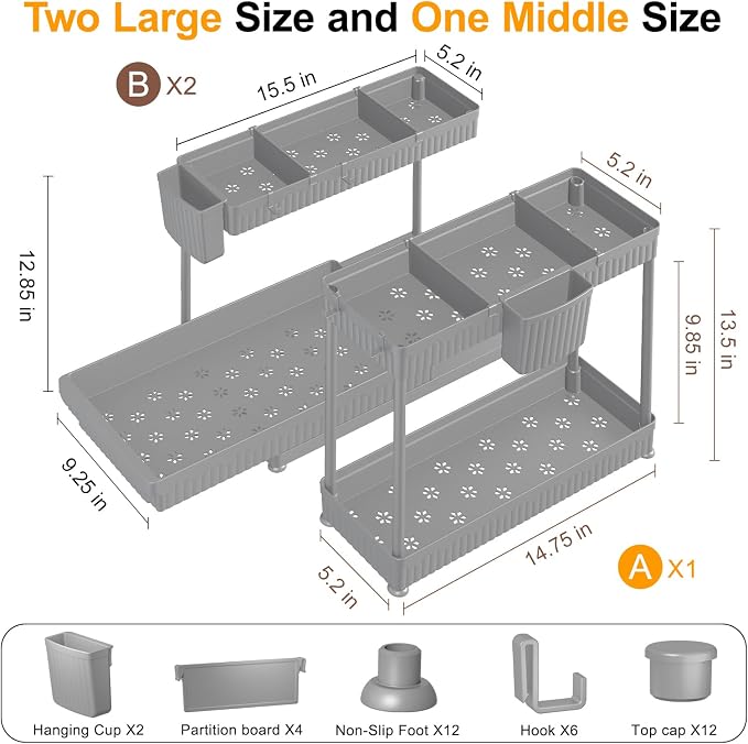 3-Pack 2-Tier L-Shaped Under Sink Organizers with Sliding Drawers | Multi-use kitchen & bathroom storage, 12.85 inch grey cabinet organizer, space-saving sliding drawer design.