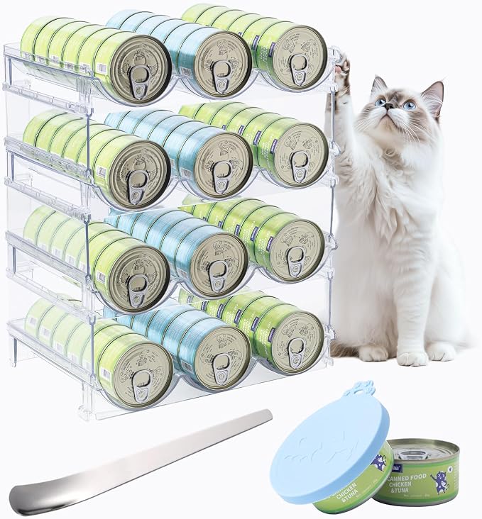 Cat Can Storage Organizer for Pantry, High Clear Acrylic Dog Canned Food Storage Rack 2 Tier Stackable Shelf for Pet Cans Dispenser with Can Cover Lid and Spoon (4 Tier Stackable Pet Can Organizer)