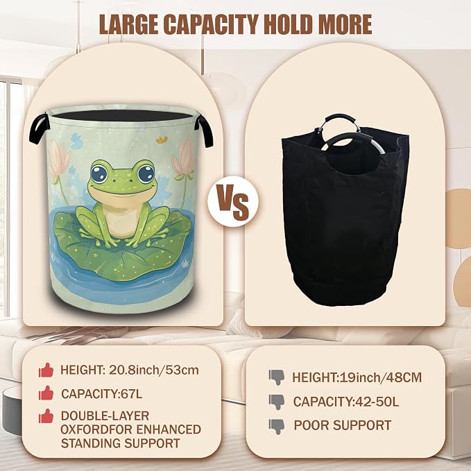 Laundry Hamper,Cute Green Frog Collapsible Laundry Baskets Waterproof Oxford Cloth With Handles,Clothes Storage Bucket Toy Organizer For Bathroom/Nursery/Bedroom 16" x 20.8"