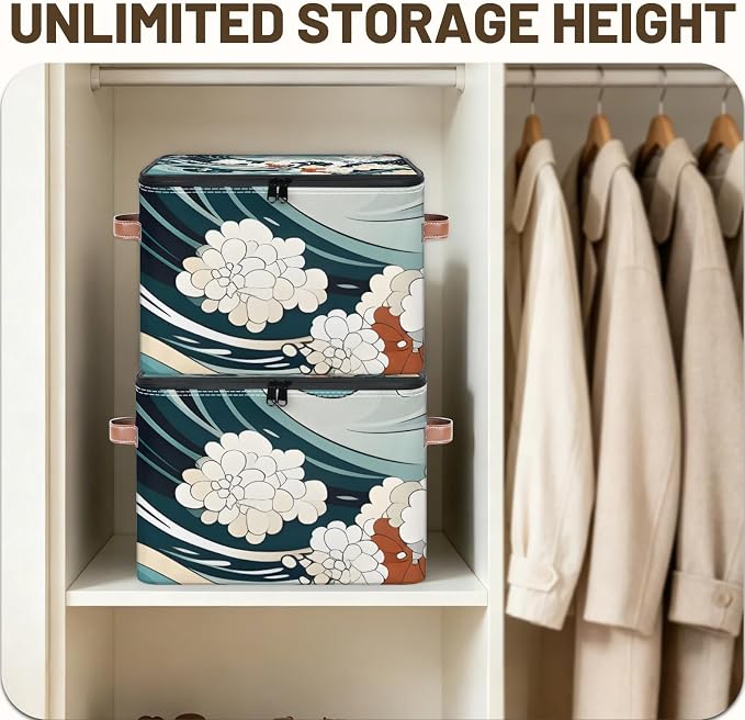 Japanese Waves Vintage Foldable Storage Bin with Lid Zipper | Closet Shelf Organizer, Boxes, Basket Containers for Home, Lidded Storage Cube for Bedroom, Waterproof, with Handles