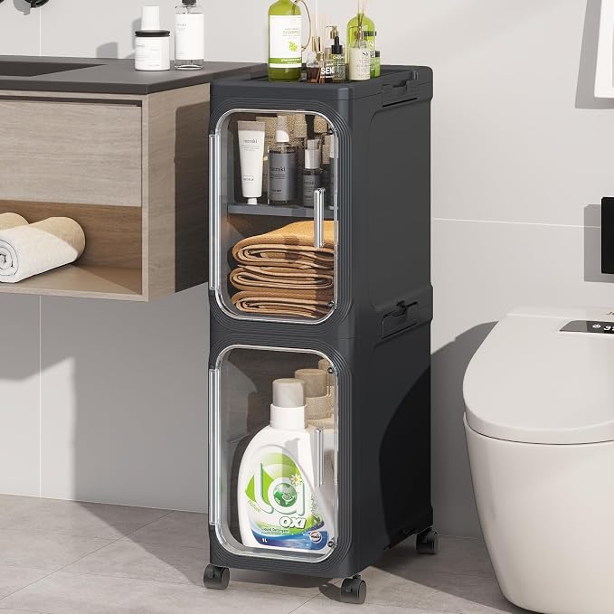 2 Tier Slim Bathroom Storage Cabinet, Foldable and Movable, Black | Tools Free, ABS and PET, Magnetic Clear Door, Adjustable Shelves, Lockable Wheels, Water Resistant, For Narrow Space