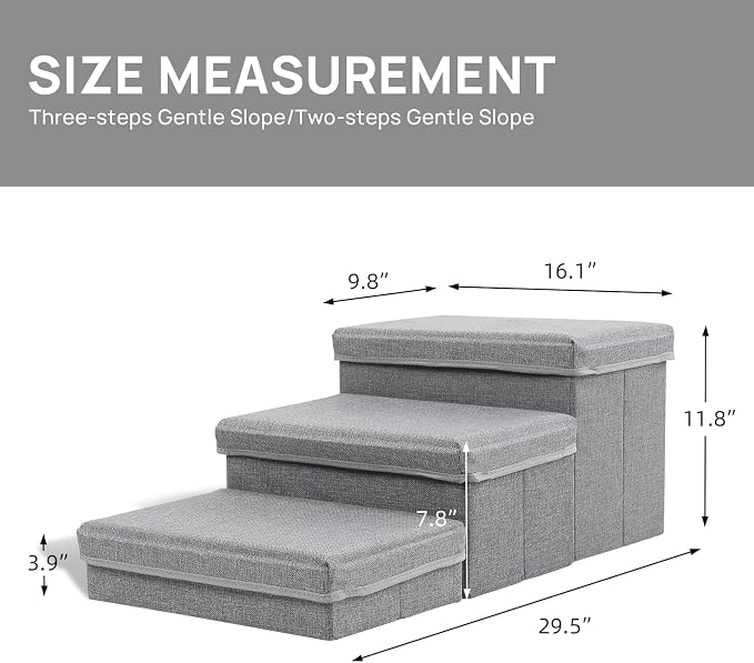 Linen Foldable Dog Stairs with Storage | 3-Step Pet Steps for High Beds & Couch, Non-Slip Dog Ladder for Small & Medium Dogs and Cats, Light Grey