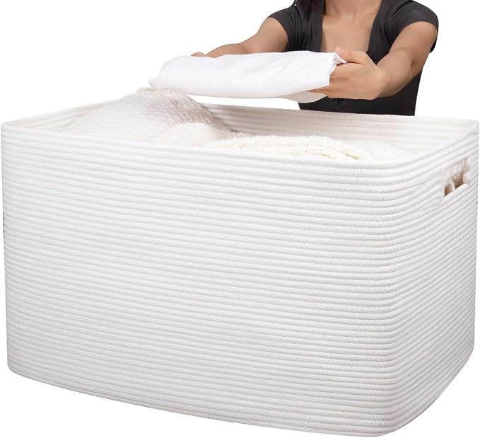 OIAHOMY 118L XXXLarge Rope Storage Basket, Oversized Blanket Basket White | 25" x 17" x 16" Used for Organizing Dirty Clothes in Living Room, Bedroom, Nursery, Extra Large Basket,Dog Toy Storage Bins