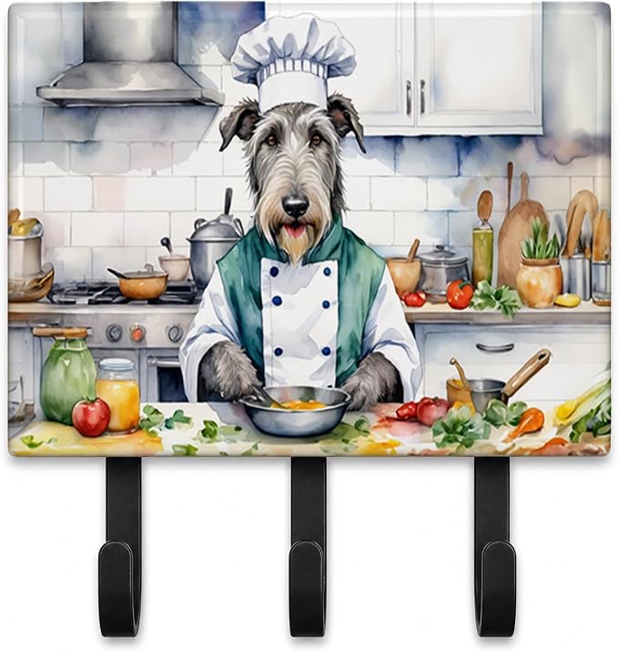 Caroline's Treasures Irish Wolfhound The Chef Leash or Key Holder Wall Hooks, Key Hooks Holder, Coat Rack Wall Mount, Coat Hooks, Hooks for Hanging Keys, Towels, Aprons, Leashes | Irish Wolfhound The Chef artwork on ceramic tile with three steel hooks ...