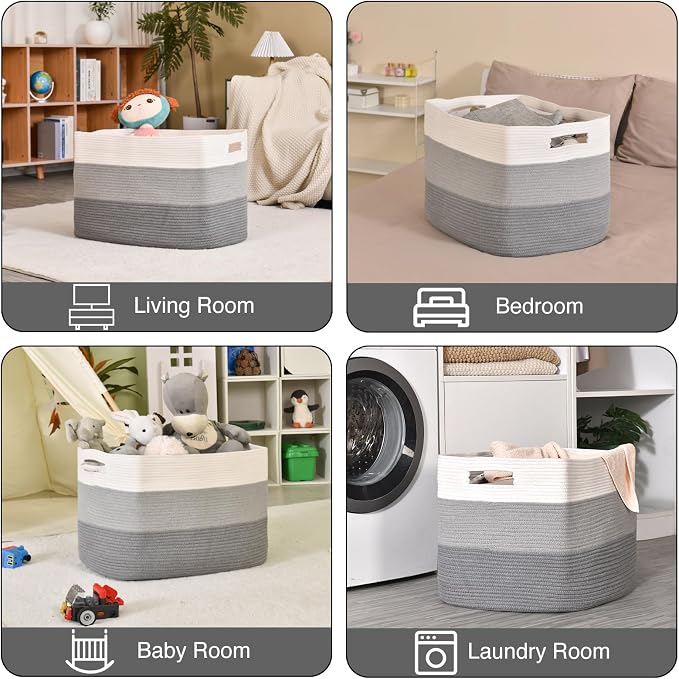 ICERZCZ Extra Large Blanket Basket Living Room, Rectangle Storage Basket, Large Woven Baskets for Storage, Cotton Rope Basket for Toys, Clothes, Gradient Grey - 25”x16”x16” (105L)