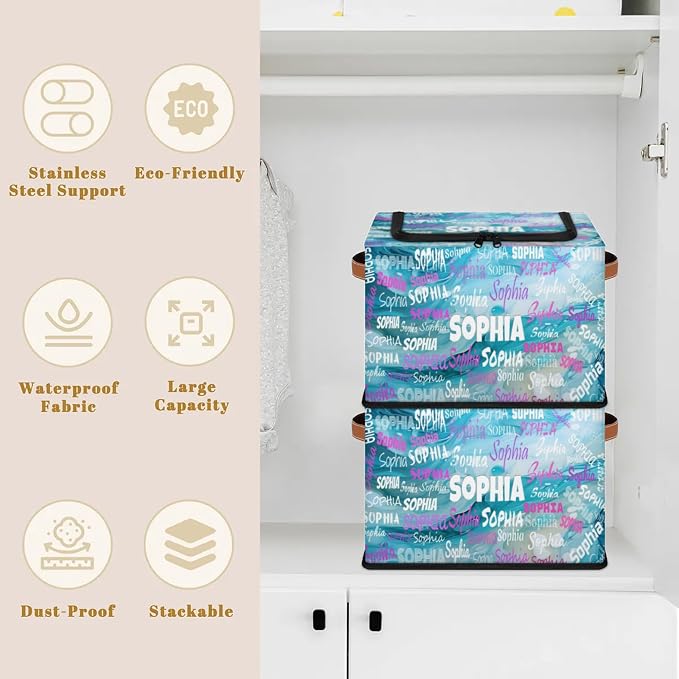 Personalized Name Storage Basket with Zipper Lid, Canvas Storage Bins Toys Clothes Organizer for Bedroom, Kitchen, Bathroom, Nursery, Shelves, Closets, Water Blue Background