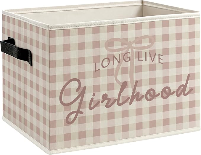 Girl Nursery Foldable Storage Bins Box with Handles, Long Live Girlhood Preppy Pink Gingham Decorative Storage Boxes Baskets Toybox Organizer for Kids Girl Nursery Room Bedroom Playroom