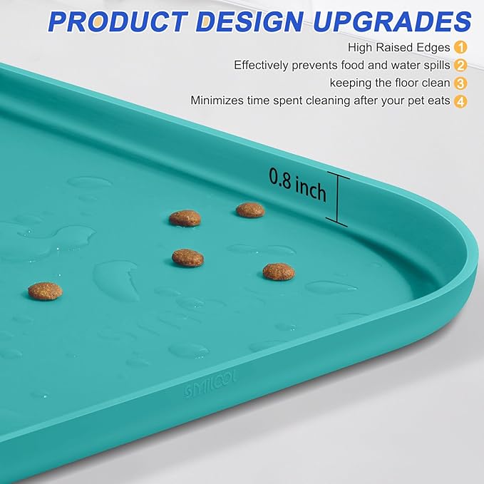 SMILOOL Silicone Pet Feeding Mat with Raised Edge for Food and Water, Dog Bowl Mats, Cat Bowls Placemat with High Lip for Floor Waterproof, Rubber Tray for Cats and Dogs 22 x 14 x0.8 Dark Turquoise