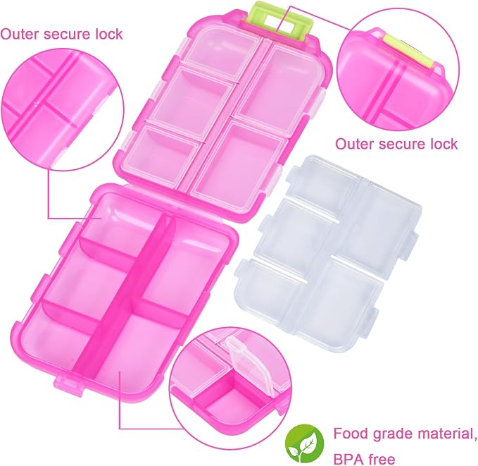 Travel Pill Organizer, 10 Compartments Small Portable Pill Case with 189 Medicine Labels, Compact Medicine Storage Box for Purse, Pocket, Airplane, Travel, Nurse Daily Use 3 Pack