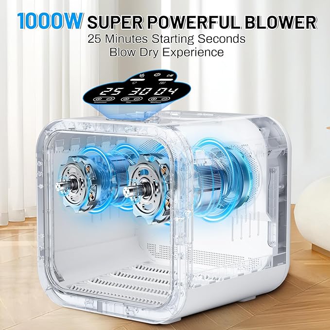 Automatic Pet Hair Dryer Box, 70L Dual Motor Fans Blower for Cats and Small Dogs, 360° Drying, Temperature Control, Self-Dryer Boxes with 4 Adjustable Speed Settings & 5 Drying Modes, 5 Towels, White