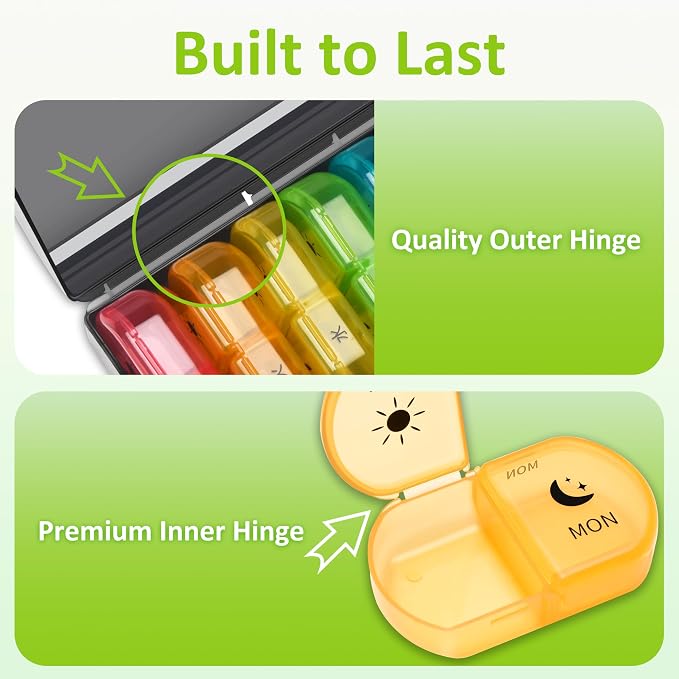 Fullicon Large Medicine Pill Organizer 2 Times a Day, AM PM 7 Day Travel | Each Compartment Holds 6 Fish Oils or 10 Vitamins, One Finger Open Lid, Double Secure Lock, Sturdy Hinges, Black Rainbow