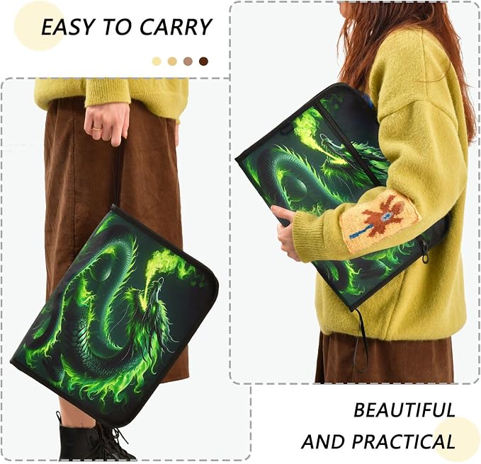 Green Fire Dragon File Organizer 13 Pocket Expanding File Folder with Front Pouch Portable Business Fire Storage Document Organizer Folder with Zipper