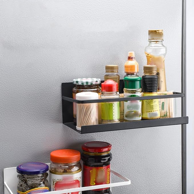 2pcs Magnetic Refrigerator Storage Rack, with Detachable Hooks for Kitchen Organization, Black