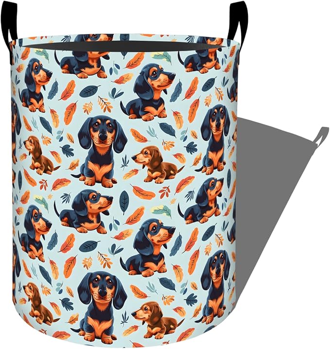 Playful Dachshund with Leaf Laundry Basket with Handles, 19.7"x15.7" Clothes Foldable Cute Puppy Dog Pet Laundry Hamper Organizer for Dorm Nursery Bedroom Bathroom Decor, Toy Storage Bin for Kids