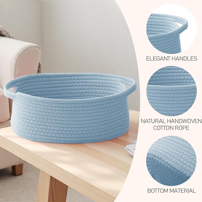 JMvicyroam Small Woven Basket, Empty Gift Basket, Blue/2 Pack | Small Gift Basket, Cotton Rope, 12 x 8 x 31 in, Handles, Includes Ribbon and Bag, Birthday Gift Basket