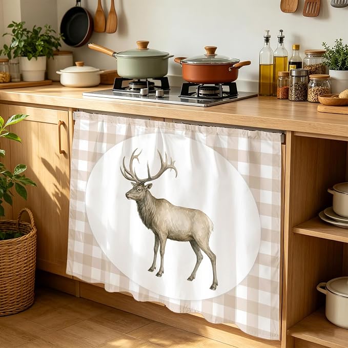 Majestic Buck Cabinet Dishwasher Hidden Curtains, Privacy Closet Door Curtain, Modern Natural Buck Rustic Farmhouse Plaid Adhesive Dust Proof Under Sink Skirt for Bathroom Kitchen 35"x35"