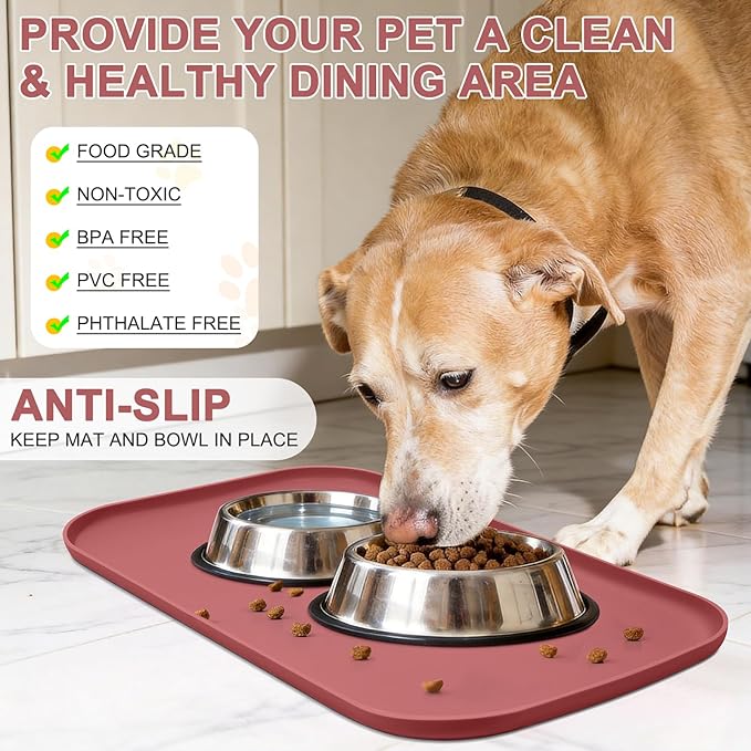 Smilool Silicone Pet Food Mat with Raised Edge for Food and Water Bowl, Dog Feeding Mats, Cat Food Trays for Floor Waterproof, Rubber Tray for Dogs and Cats, 24 x 16 x 0.8 Erythrinus