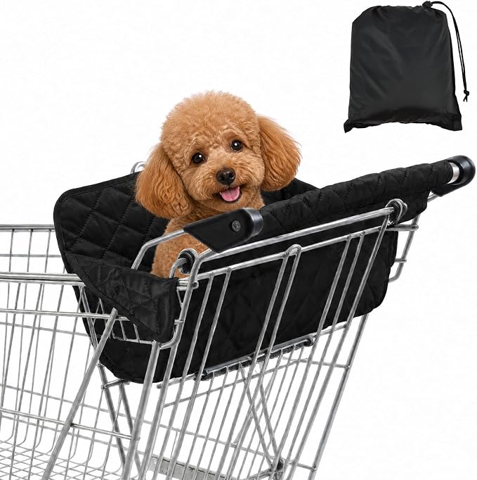 Portable Dogs Shopping Cart Cover, Quilting Dog Grocery Cart Cover with Storage Bag, Soft Comfort Cushioning, Secured with Hook and Loop, Universal Size, Machine Washable for Pet Dog