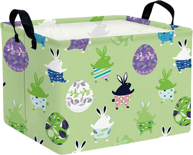 Large Rectangular Easter Baskets Empty Waterproof Boy Toy Box Foldable Kid's Gifts Storage Bin Spring Room Decor(Green Dancing Rabbit Egg)