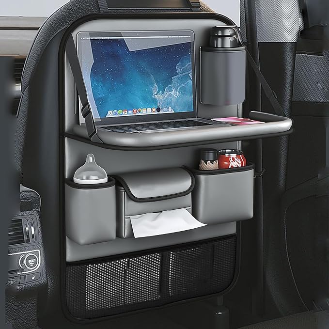 Leather Car Seat Back Organizer with Foldable Tray Table, Backseat Car Organizer with Tablet Pocket, Cup Holders, Tissue Pocket, Mesh Pockets, Kick Mat, Gray, 1 Pack