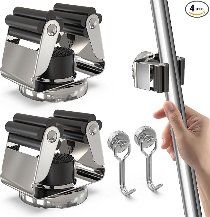 3-H 2 Pack Magnetic Broom Holder with 2 Pack Mini Magnetic Hooks,Silver | Stainless Steel No Drill Mop Holder, Movable Magnet Tool Organizer for Garage Laundry Kitchen Garden RV