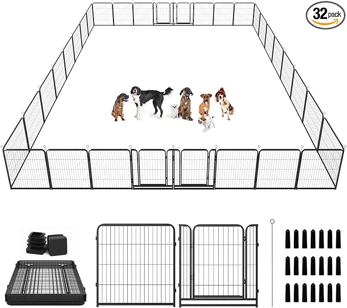 Kfvigoho Dog Playpen Outdoor Extra Wide 32 Panels Heavy Duty Dog Fence 32" | Anti-Rust Coating-Strengthened Dog Fence with Doors Portable for RV Camping Yard, Total 84FT, 561 Sq.ft, Snowy Black