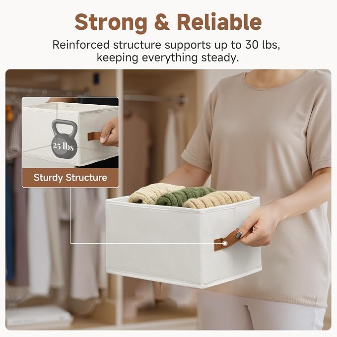 StorageWorks Closet Storage Bins with PU Handles, Ivory White, Small | Closet Organizer Storage Baskets for Shelves, Fabric Organization and Storage, Foldable Closet Organizer for Clothes