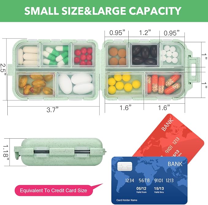 Travel Medicine Organizer with 189 Labels, 7 Day Daily Pill Organizer Travel Pill Container Medicine Organizer Pill Case Travel (Green, 1 Pack)
