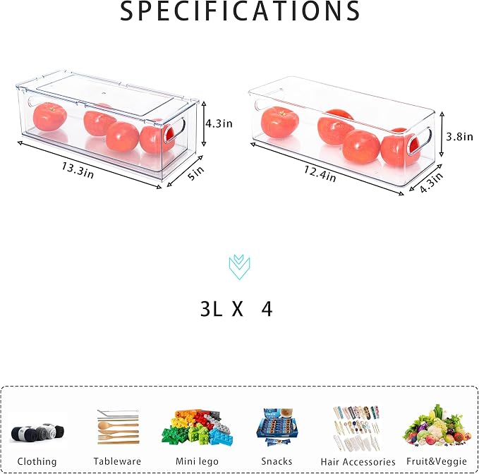 4Pack Stackable Fridge Drawers Pull-out Storage Bins with Handle Clear Food Container for Refrigerator Plastic Dresser Organizer Fruit&Veggie Keeper for Freezer Cabinet Kitchen Organization