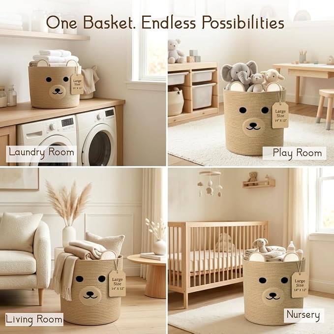 Nursery Storage Basket, 25L Large Woven Cotton Rope Baby Bin with Bear Design, Foldable Washable Laundry Hamper, Kids Room Decor Organizer for Toys, Blankets & Baby Essentials (Brown Bear)