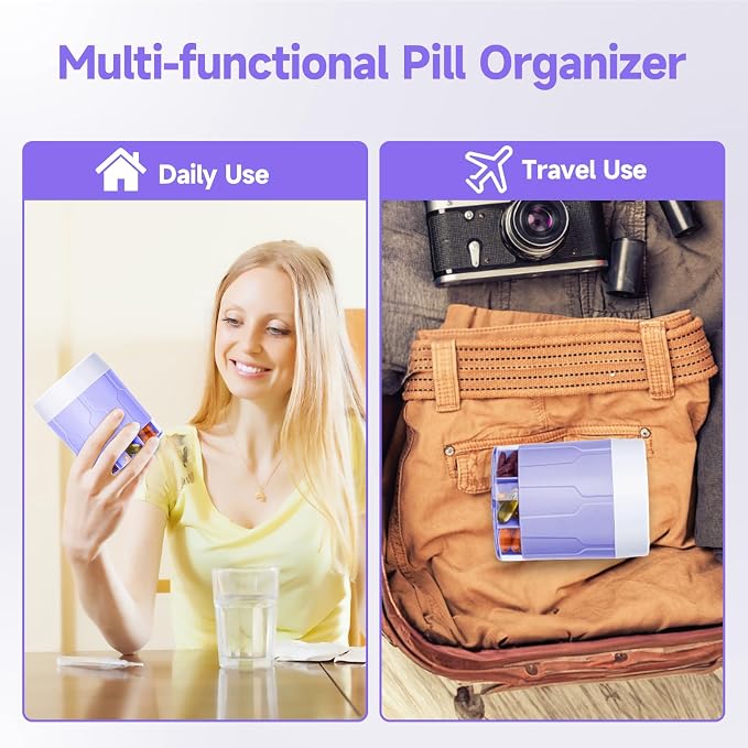 Daviky Pill Bottle Organizer, 7 Large Compartments, Travel Pill Dispenser | Seven large compartments organize daily pills, vitamins and supplements, with dual lids for convenient storage and travel