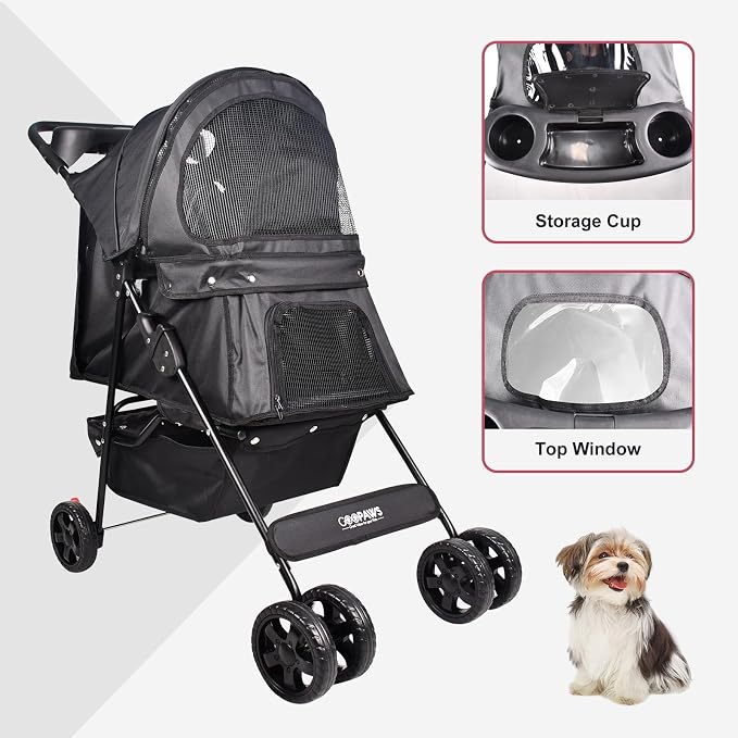Jespet 4-Wheel Promenade Pet Stroller, Foldable Stroller with Cup Holder | Foldable Dog Stroller, Storage Basket & Cup Holder, Breathable and Visible Mesh for All-Season