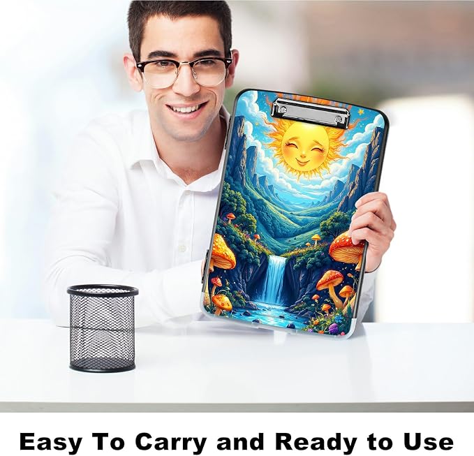 A4 Clipboard with Storage Pen Holder, Clipboards Organizer Nursing Clipboard Foldable File Folder Plastic Clipboard Folio Clip Board for Office Work Classroom Doctor, Stream Sun Mushroom
