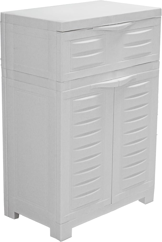 Sunnydaze 34.5" Garage Storage Cabinet with Adjusting Shelf, Speckled White | Heavy Duty Resin Storage Cabinet Resists Rust & Peeling, Utility Cabinet with Drawer & Anti-Tip Kit for Laundry, Office