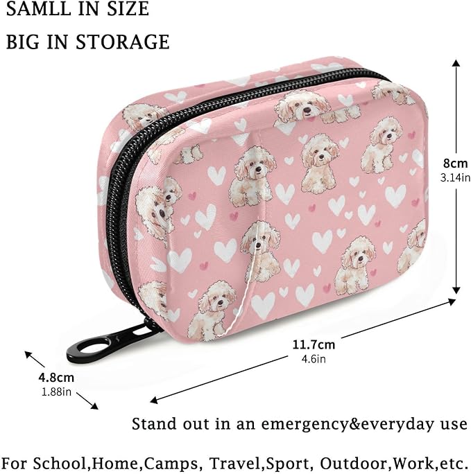 Fustylead Cute Poodle Dog and Hearts Doodle Pill Organizer Travel Bag, Small Portable Pill Case Cute for Vitamin Fish Oil Supplements Medicine Organizer with Zipper