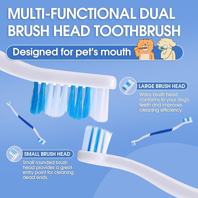 Dog Toothbrush – Newly Upgraded Dual-Head Design with 60° Wavy Bristles – Gently Surrounds Teeth for Deep Cleaning and Plaque Removal – Non-Slip Handle, Ideal for Daily Pet Dental Care (Blue, 6-Pack)