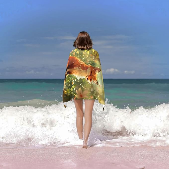 Cute Fox Beach Towel 31inx51in, Fox Sand-Free Microfiber Bath Towel Ultra Soft Quick Dry Pool Towel Absorbent Towel Lightweight Towel for Swimming Bathroom Decor