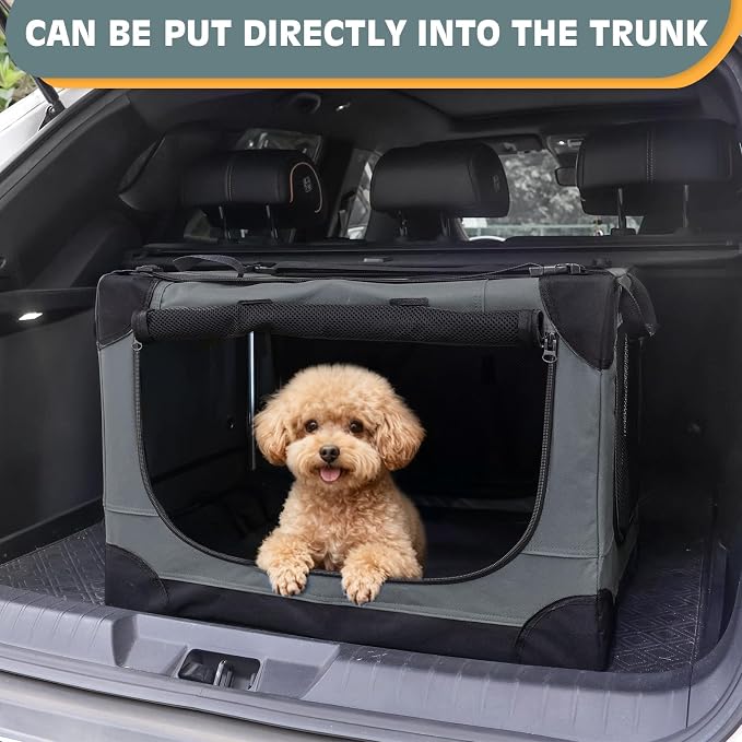 24 inch Small Dog Crate - for Small Dogs, Portable Travel Pet Crate with 4 Mesh Doors, Foldable Car Kennel for Puppy with Handle for Indoor and Outdoor, Gray