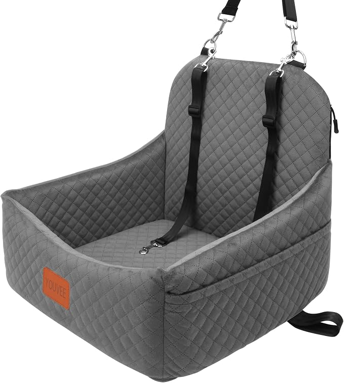 Dog Car Seats for 5-25 lbs Dogs,Pets Safety Travel Bed with 3Seatbelt-Grey | Storage Pockets,Non-Slip Bottom,Memory Foam with Detachable Washable Cover and Easy to Install