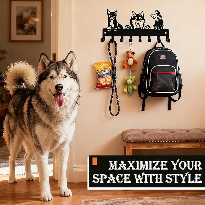 Dog Leash Holder for Wall, 8 Metal Hooks Key Holder Wall Mount, Screw Mounted Pet Leash Organizer for Harnesses Collars Keys Bags, Entryway Mudroom Garage Wall Rack