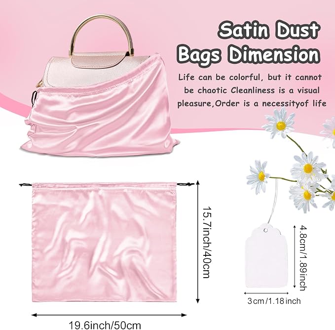 RUDONG M Satin Dust Bags for Handbag, Pink, 4 Pack | Silky, Drawstring, For Storage, Travel Pouch, For Clothes Shoes