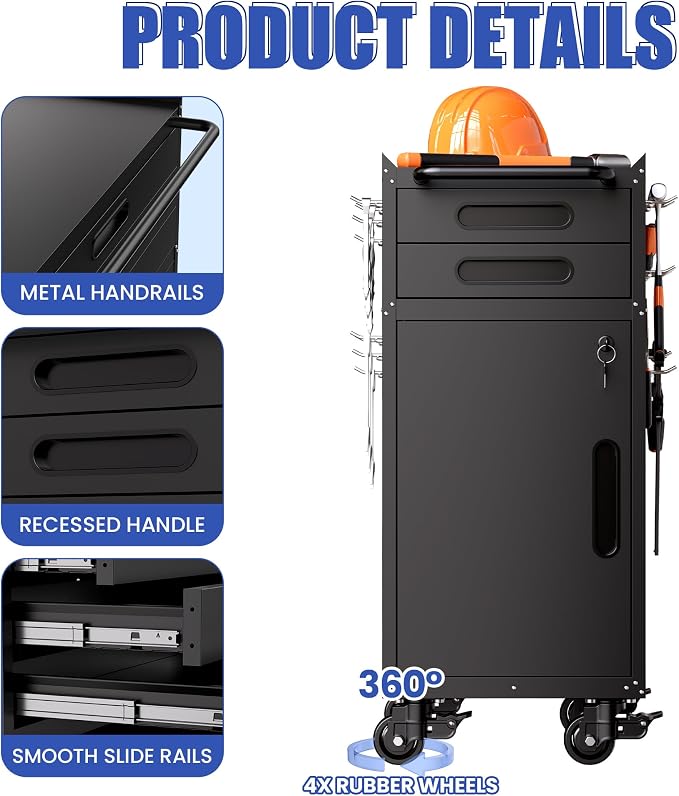 Metal Mobile Tool Storage Cabinet with 1 Locking Door and 2 Drawer | Black Heavy Duty Rolling Tool Cabinets for Garage,Metal Storage Cabinets with Wheels,Assembly Required