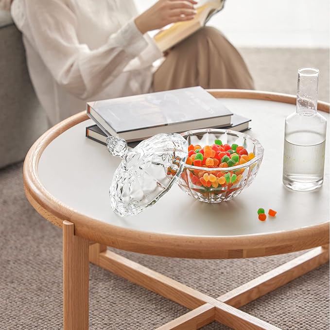 ComSaf 26oz Glass Candy Dish with Lid Crystal Candy Jar Clear Covered | Covered Candy Storage, Coffee Table Office Desk Bathroom Vanity Decor, Countertop Display, Large Capacity, Kitchen Storage